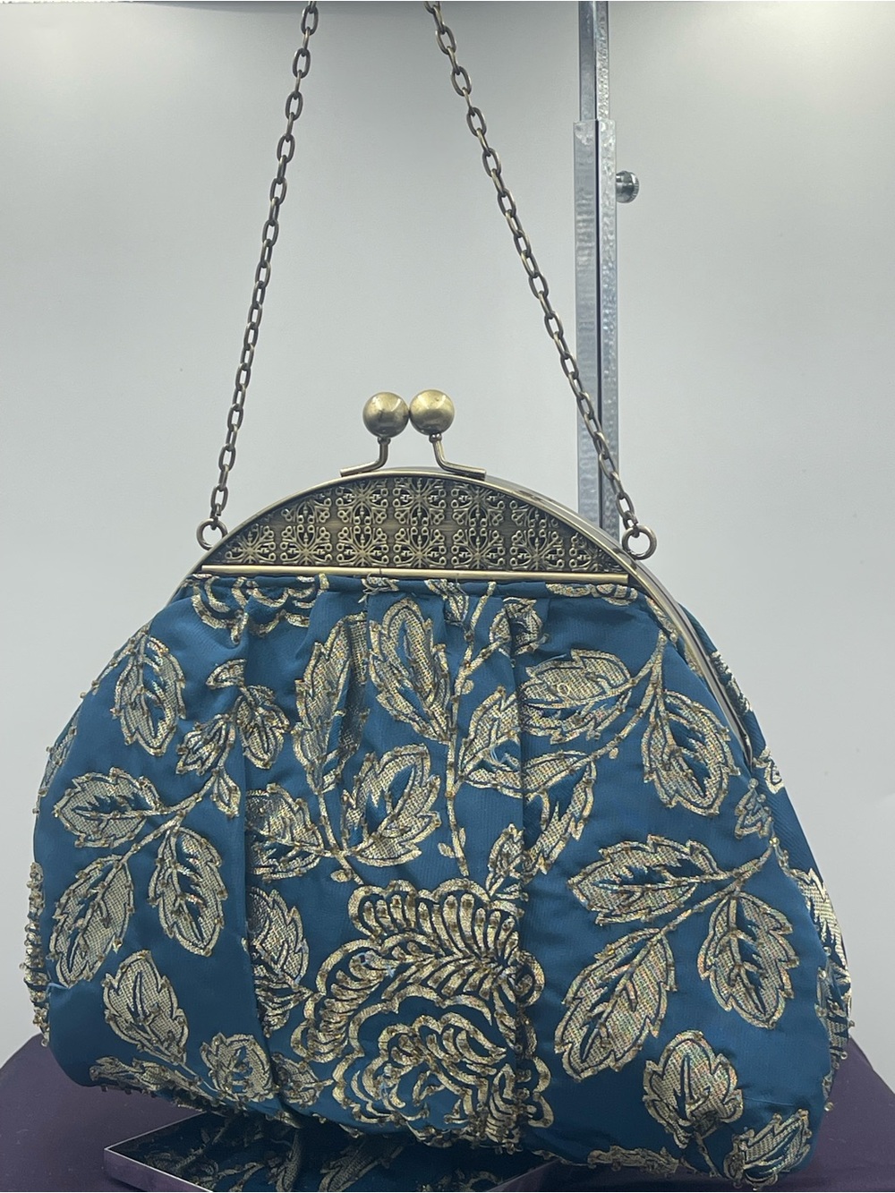 Art Deco Teal Blue Satin & Gold Brocade Handbag with Ornate Brass Frame & Chain